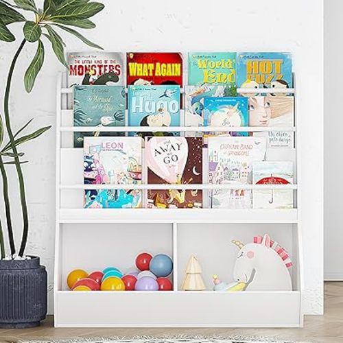 UTEX Kids Bookshelf and Toy Storage Cabinet, Kids Toy Storage Organizer and Bookcase with Cubby, Toddler Bookshelves Display Stand, Baby Book Rack for 3 Age+, White