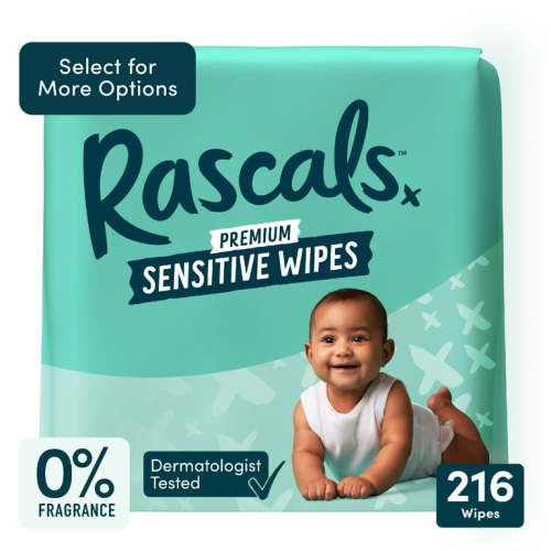 Rascals Premium Sensitive Alcohol Free Baby Wipes, 216 Count (Select for More Options)