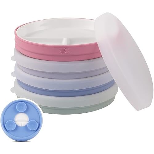 Elk and Friends Kids 6.7” Porcelain Divided Plates with Silicone Suction Sleeves + Silicone Lids | Suitable for Babies/Kids/Toddlers | Microwave & Dishwasher Safe | Non Slip | Snack Dishes