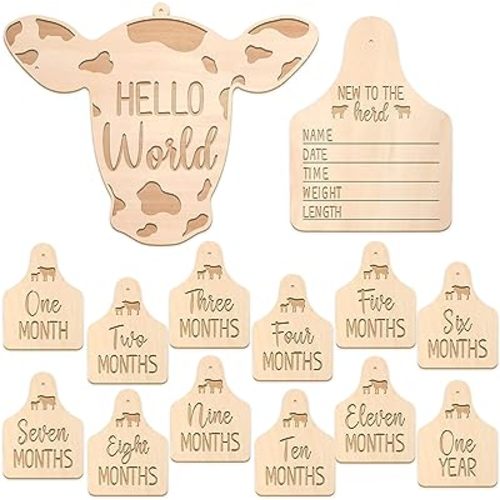Huray Rayho Cow Baby Monthly Cards Rustic Wooden Herd Cattle Newborn Photography Props to Record Your Baby´s Growth, Gift Set of 14 Reversible Cards for Pregnancy and Baby Shower