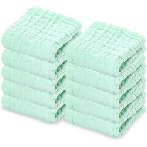 10 Pack Soft Muslin Unisex Baby Washcloths for Daily Use, 100% Cotton Set for Delicate Skin. Soft and Super Absorbent, Newborn Baby Essentials and Baby Registry,12x12 Inches (Green)