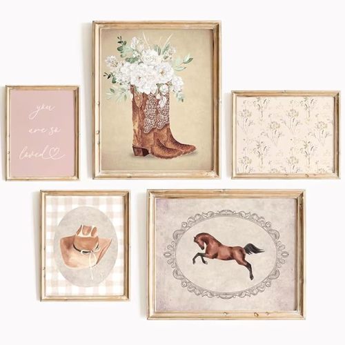 Cowgirl Nursery Wall Art Coquette Western Girl Poster Vintage Horse Floral Canvas Pictures Aesthetic Pink Preppy Room Wall Decor Rustic Cowgirl Prints for Girls Bedroom 8x10x5 Inch Wood Framed