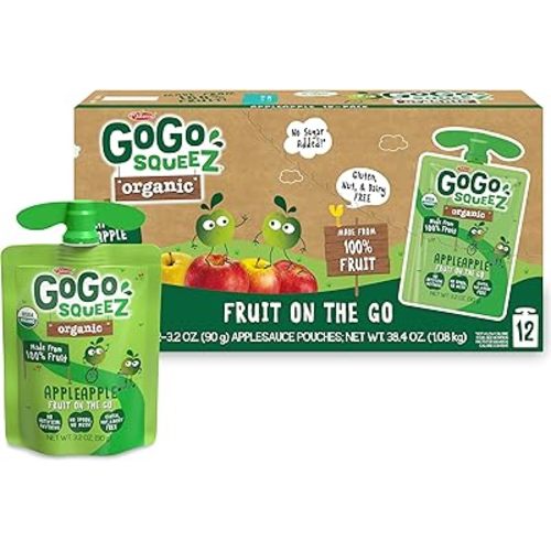 GoGo squeeZ Organic Applesauce and Fruit Puree, Apple Apple, 3.2 oz (Pack of 12), Unsweetened Organic Fruit Snacks for Kids, Gluten Free, Nut Free and Dairy Free, Recloseable Cap, BPA Free Pouches