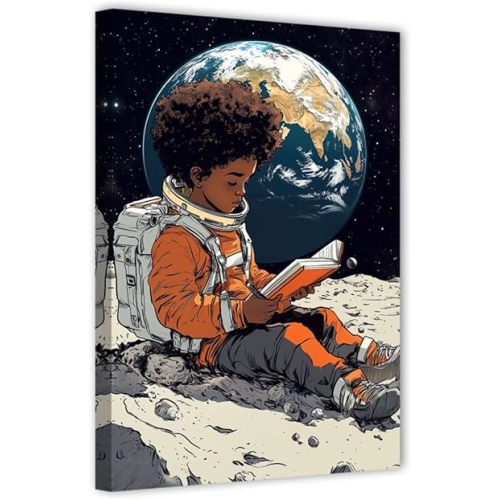 CHAOSETKEN African American Wall Art Astronaut Painting Black Boy Reading on the Moon Canvas Prints Space Themed Pictures for Office Decor Framed (20.00" x 30.00")