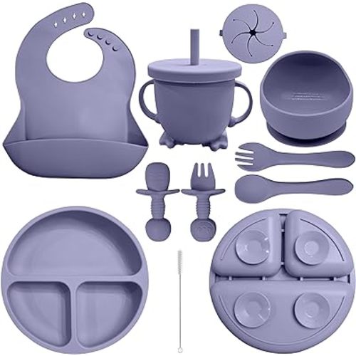 Baby Led Weaning Supplies | 10 Piece Silicone Feeding Set | Baby Toddler Bib Cup Divided Plate and Bowl Self Feeding Spoons Dish Set | Baby Utensils | Toddler Feeding Supplies (Purple)