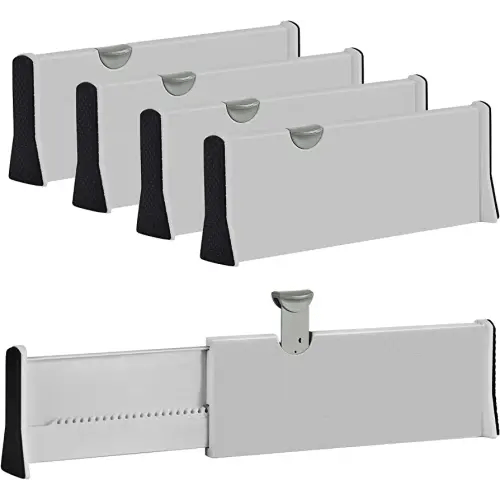 Drawer Dividers Organizer 4 Pack, Adjustable Separators 4" High Expandable from 11-17" for Bedroom, Bathroom, Closet,Clothing, Office, Kitchen Storage, Strong Secure Hold, Foam Ends, Locks in Place