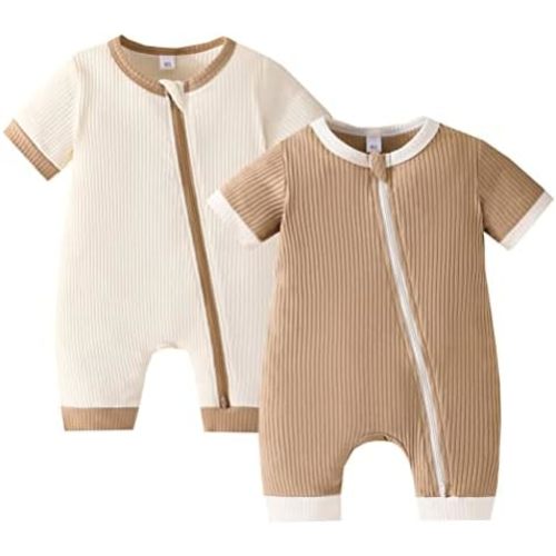 Bafeicao Unisex Baby Boy Girl 2 Pack Rompers Short Sleeve 2 Way Zipper One Piece Jumpsuits Clothes Sets