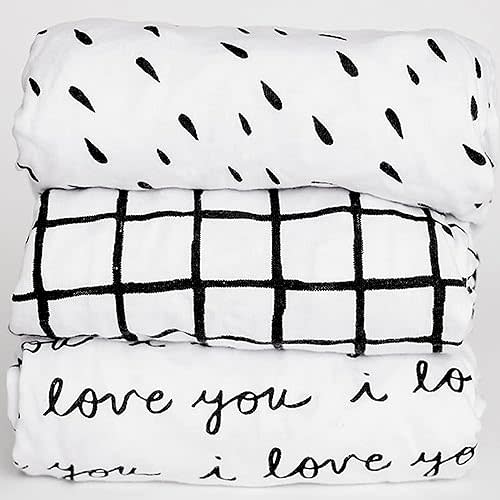 3 Fitted Bassinet Sheets Black/White Set for Baby Girl/Boy - 100% OEKO-TEX Cotton - Gender Neutral I Love You, Plaid & Raindrop - Cradle/Moses Basket Hourglass Oval Rectangle Mattress Sheet