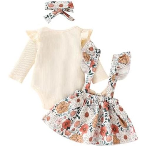 Newborn Baby Girl Outfit Ribbed Romper Top Boho Floral Suspender Skirt Dress Overalls Headband Set Fall Clothes