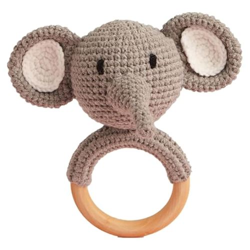 Chippi & Co Wooden Crochet Baby Rattle, Crochet Toys Stuffed Animals Easter Gifts for Kids, Wooden Newborn Toys, Easter Basket Stuffers, Basket Filler, Baby Shower Decor (Eddy The Elephant)