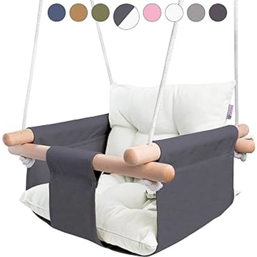 CaTeam - Canvas Baby Swing, Wooden Hanging Swing Seat Chair with Safety Belt, Durable Baby Swing Chair, Outdoor and Indoor Swing for Kids, Mounting Hardware Included, Gray-White