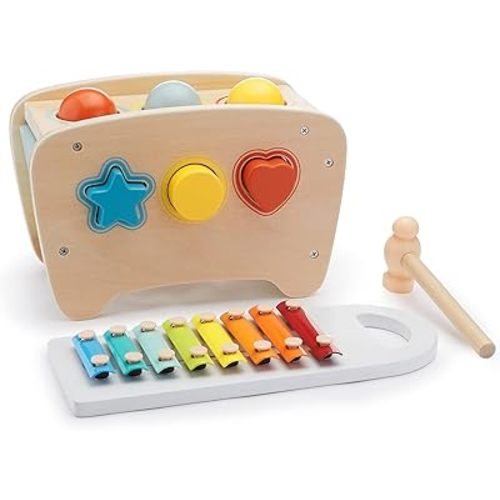 Amazon Basics Musical Pounding Bench With Xylophone and Shape Sorter Toy-Kids Gift for Toddlers, Age 18M+, Boy Girl Baby, 11.6 x 5.2 x 6.3 inches, Multicolor