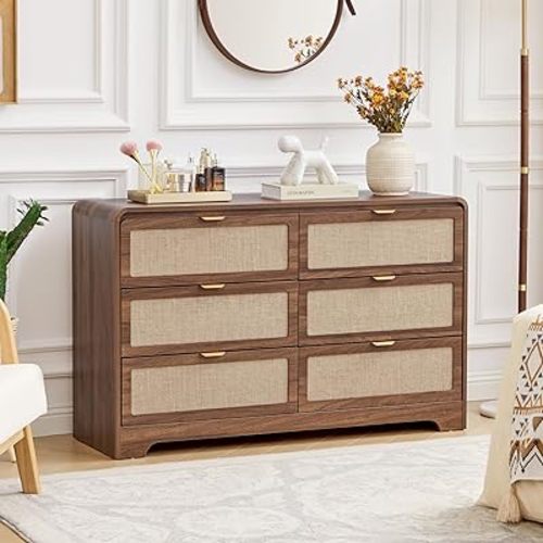 48" Modern 6 Drawer Dresser for Kids Bedroom, Mid Century Wooden Dresser Chest of Drawers with Natural Linen, Curved Profile Closet Clothes Storage Organizer for Living Room, Nursery,Walnut
