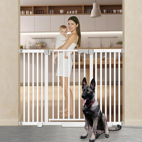 41'' Extra Tall Pet Gate for Large Dogs 54.7-63.0'' Wide Indoor No Jumping Over, Heavy Duty Puppy Baby Gate for Doorways, Pressure Mounted Metal Gate for Child Toddler (White)