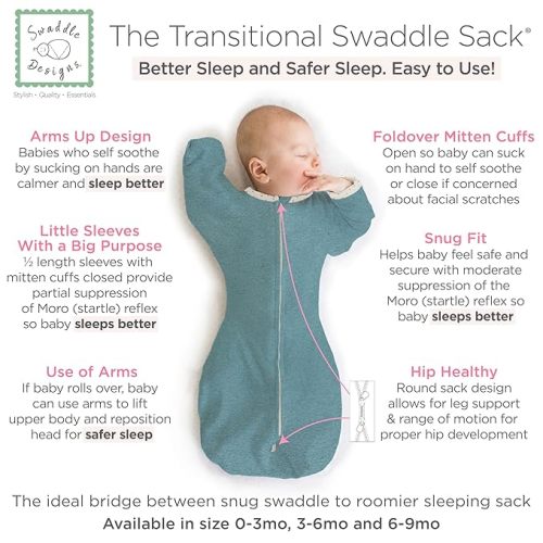 SwaddleDesigns Transitional Swaddle Sack, Arms Up Half-Length Sleeves & Mitten Cuffs, Swaddle for Newborn Transition to Baby Sleep Sack Wearable Blanket, Small, 0-3 Month, 6-14 lb, Heathered Teal