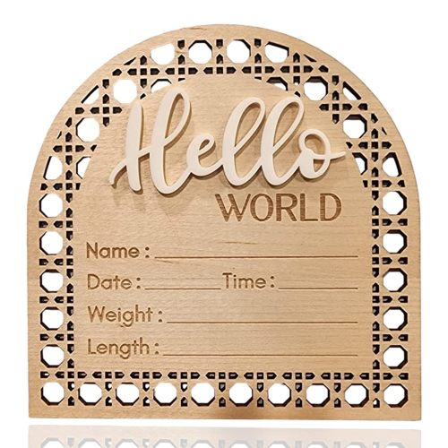 Baby Announcement Sign, Baby Photoshoot Props, Newborn Photography Props, Hello World, Hello World Newborn Sign, Birth Announcement Sign For Hospital - 5.5 Inches (Birch(Board)/White(Hello))