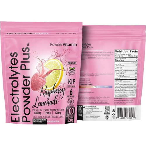PowderVitamin Electrolytes Powder Plus (100 Servings) Raspberry Lemonade Electrolyte Powder Zero Calorie Keto, 0 Sugar, No Maltodextrin,1000mg Potassium,120mg Calcium,120mg Magnesium, Hydration Powder