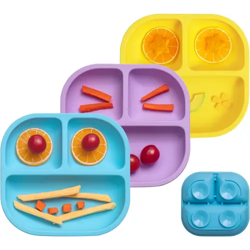 BABELIO Powerful Suction Plates for Baby and Toddler, 100% Food Grand Silicone Divided Baby Plates, BPA Free, Microwave & Dishwasher Safe, Stay Put with 4 Suction Cups, 3 Pack