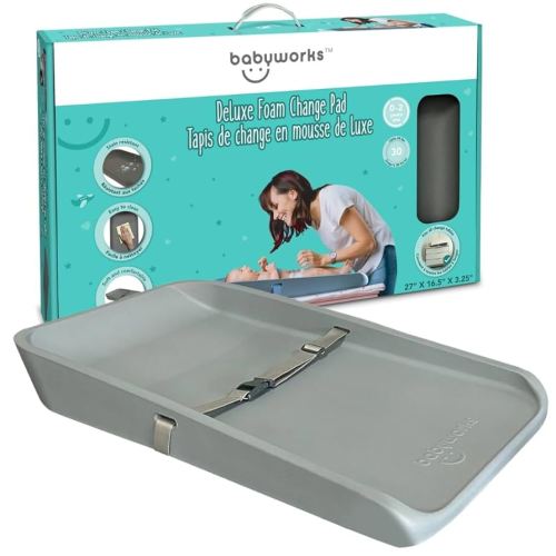 Baby Works - Deluxe Foam Diaper Changing Pad – Waterproof, Easy to Clean, Soft & Supportive, Safety Strap, Non-Skid Base, Portable for Newborns, Infants & Toddlers – Grey, 27.6" x 16.9"