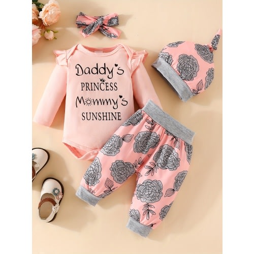 4pcs Newborn Baby Letter Flower Print Long Sleeve Romper & Pants & Headband & Hat Set For Girls