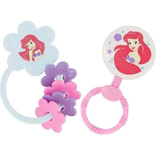 2 Pack Disney Princess Character Shape Rattle and Keyring Teether, Premium Toddler Birthday Toys, Infant Teething Toys, Great for Newborn Shower Gifts