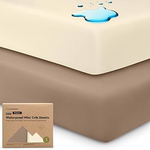 2-Pack Waterproof Pack and Play Sheets, Mini Crib Sheets Fitted for Boy, Girl - 38 x 26 Viscose from Bamboo Pack N Play Mattress Sheets for Graco, Toddler Playard Baby Crib Sheets Neutral (Latte)