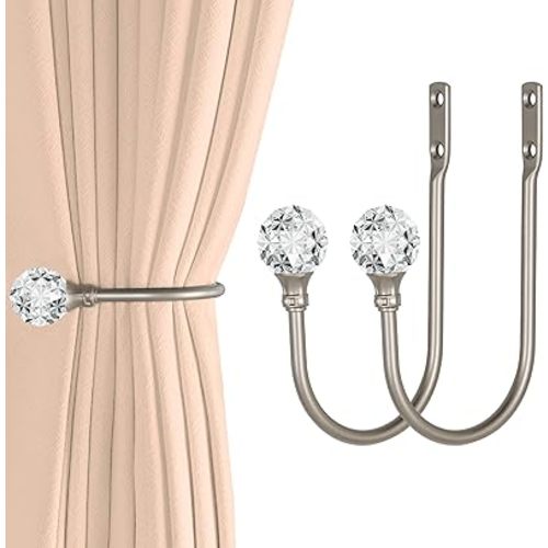 2 x Heavy Duty U Shaped Metal Curtain Holdbacks Curtain Tiebacks with Clear Crystal Ball Pull Backs Curtain Holders for Drapes (Silver)