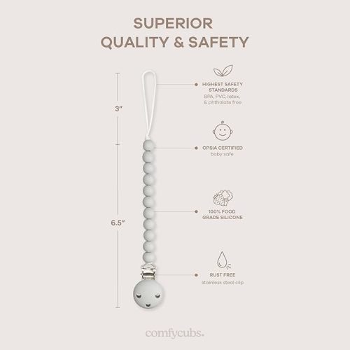 Comfy Cubs Pacifier Clips 2 Pack - 100% Food Grade Silicone Baby Pacifier Clips, BPA & PVC Free - CPSIA Certified, Lightweight and Flexible Baby Gifts - Slate