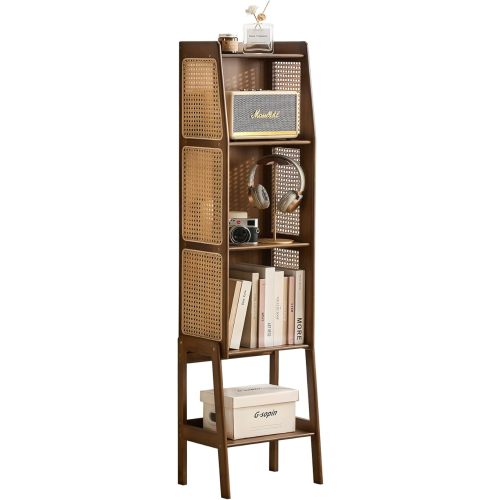 Welnow Bamboo Rattan Bookcase with Cabinet, 3-Tier Storage Shelf with Side Table & End Table Function, Large Modern Wood Organizer for Living Room or Bedroom, Walnut Bookshelf