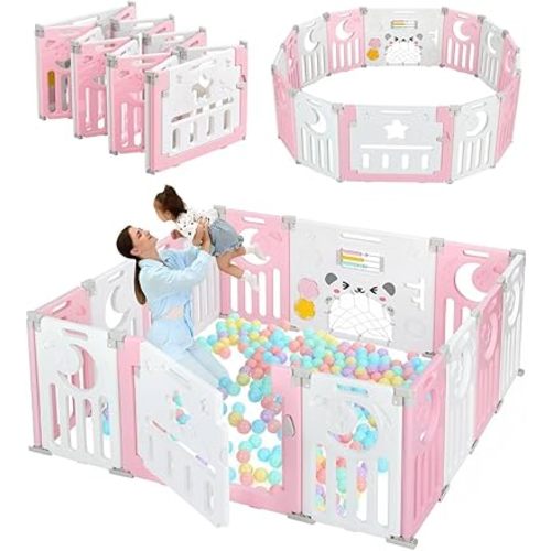 Baby Playpen, Dripex Foldable Playpen for Babies and Toddlers, Custom Shape Baby Fence, Safety Play Yard with Gate, Portable Play Area for Indoor or Outdoor, Pink White, 14 Panel