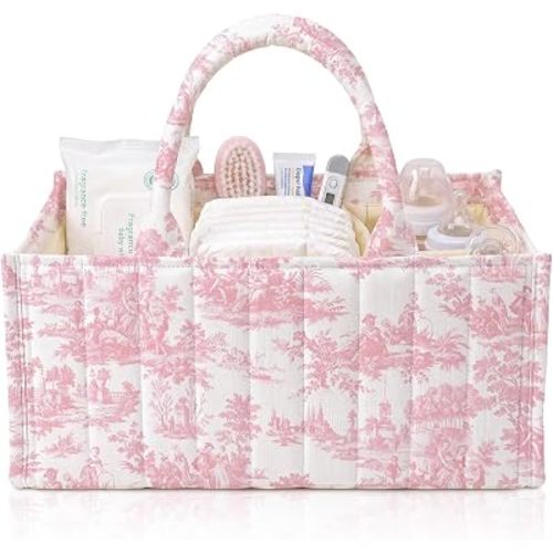Shinylin Diaper Caddy Organizer with Pink Toile De Jouy Portable Nursery Storage Basket with Handle and Removable Dividers Vintage French Storage Bin for Diaper Caddy Wipes Organizer Baby Shower Favor