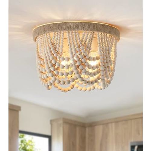 AMZASA Wood Beaded Flush Mount Ceiling Light Farmhouse Rustic Small Boho Chandelier Light Fixture for Bedroom Hallway Entryway Closet Kitchen Dining Room Living Room Nursery 3-Lights