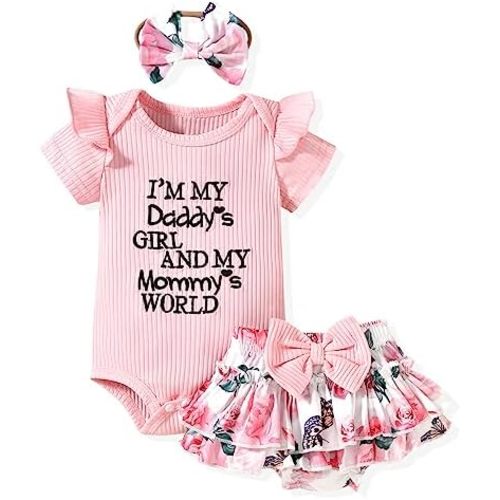 HIHA Infant Baby Girl Summer Clothes Letter Print Bodysuit Floral Shorts Outfit with Headband