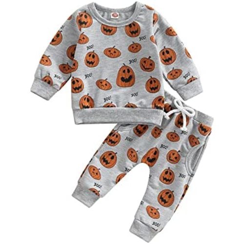 Sasaerucure Infant Toddler Baby Boy Halloween Outfits Long Sleeve Shirts Pumpkin Sweatshirt with Pants 2Pcs Winter Clothes