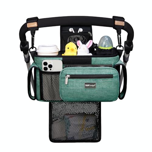 TOPDesign Universal Baby Stroller Organizer, Stroller Caddy with Detachable Mesh Bag & Heightened Insulated Cup Holders & Non-Slip Secure Hooks Accessories, Fits Most Strollers (Green)