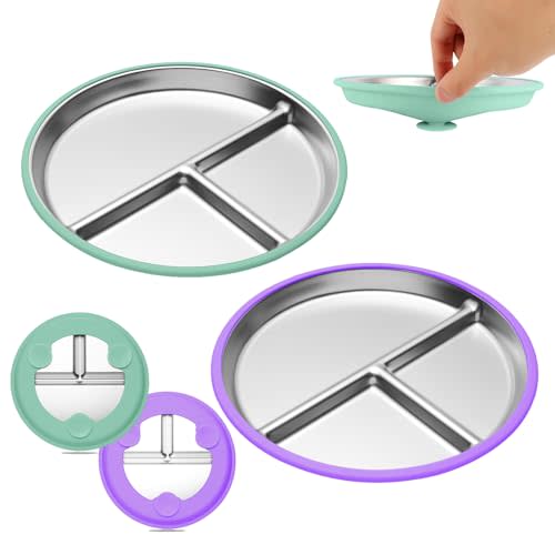 iconfont 2-Pack Stainless Steel Toddler Plate with Suction for Baby & Kids 0-3 Years - 9-Inch Divided Kids Plates, Non-Toxic & BPA-Free, Dishwasher Safe Baby Plates with Suction
