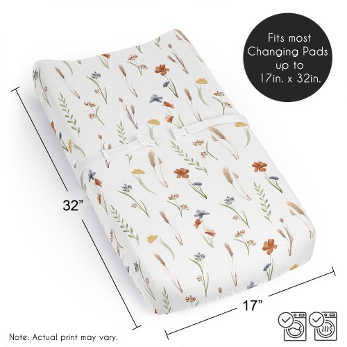 Sweet Jojo Designs Boho Floral Garden Flower Girl Changing Pad Cover Sheet - Watercolor&nbsp;Bohemian Farmhouse Vintage Shabby Chic