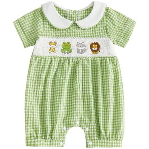 Baby Boy Short Sleeve Jumpsuit Collared Excavator/Animals Smocked Gingham Romper One Piece Clothes