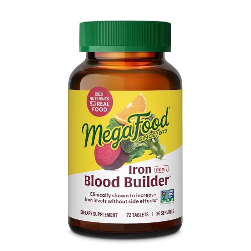 MegaFood Blood Builder Minis, Iron Supplement Clinically Shown to Increase Iron Levels Without Side Effects - Vegan Supplement with Vitamin C, Vitamin B12 & Folic Acid, 72 Tablets (36 Servings)