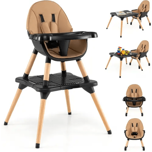 HONEY JOY Baby High Chair, 6-in-1 Convertible Wooden Highchair for Babies and Toddlers/Building Block Table, Toddler Dining Chair w/Safety Harness, Removable Feeding Tray & Seat Cushion (Coffee)