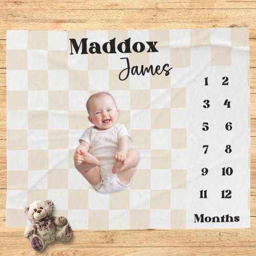 Milestone Blanket, Gender Neutral Monthly Baby Blanket, Retro Checkered Blanket, Baby Shower Gift, Newborn Gift, Month Blanket