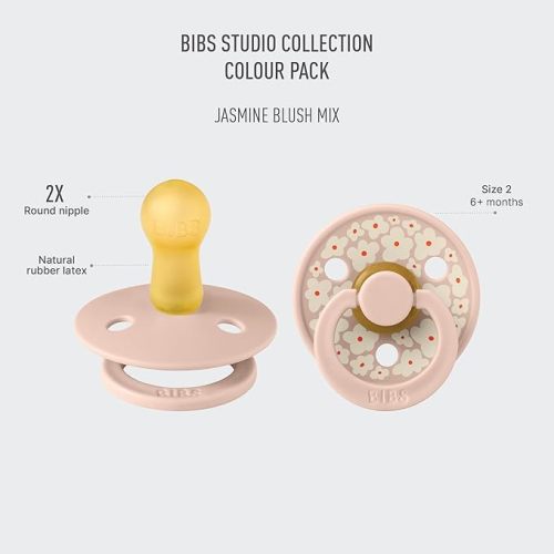 BIBS Pacifiers - Colour Studio 2 Pack | Round Nipple Baby Pacifier | BPA Free Natural Rubber Latex Soother | Made in Denmark | Size 6+ Months | Jasmine Blush - Size 2 | 6+ Month