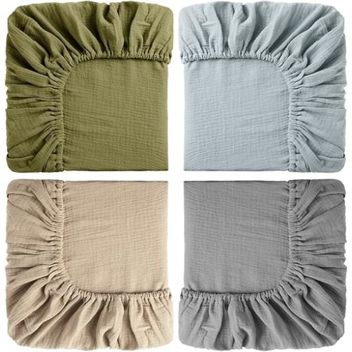 Gerrii 4 Pcs Muslin Mini Crib Sheets 24 x 38 Inch Baby Crib Sheets for Boys and Girls Cotton Baby Fitted Crib Sheet Soft Muslin Crib Sheets for Crib Mattress(24 x 38 Inch,Elegant Colors)