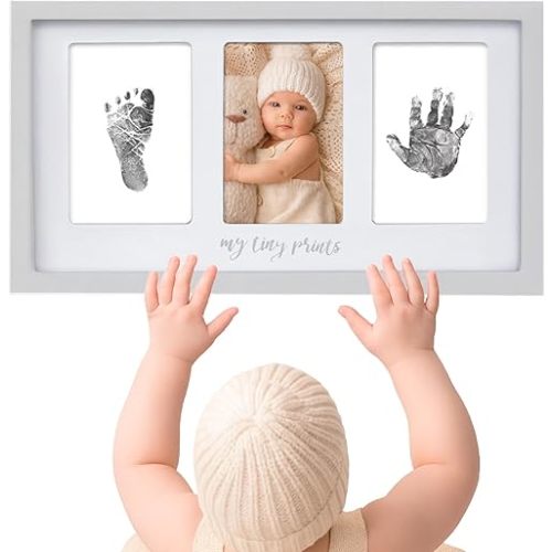 Felt Like Sharing My Tiny Prints Newborn Baby Handprint and Footprint Kit – Photo Keepsake Frame with Ink Pad for Baby Hand and Footprints – Great New Parent Present – 17” L x 9.5” H (Gray)