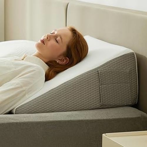 Wedge Pillow for Sleeping, 10 inch Bed Wedge Pillow, Elevated Body Pillow for Back Support, Acid Reflux, Leg, Neck Pain, Snoring, Triangle Pillow Wedge - Cooling Memory Foam Top, White/Grey