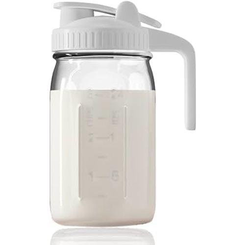 Ford & Row- Breast Milk Pitcher White 32 oz- Formula Pitcher For Breastmilk Storage Container For Fridge- Breastmilk Pitcher- Mason Jar Pour Spout Lid- Formula Mixing Pitcher- Mason Jar Pitcher