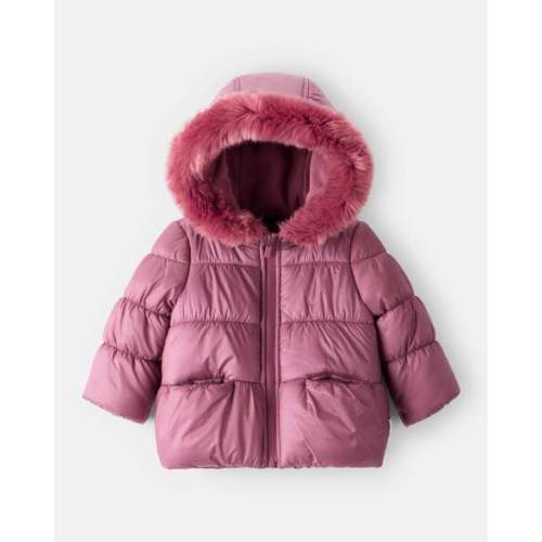 Baby Girl Hooded Puffer Jacket - Burgundy | Carter's