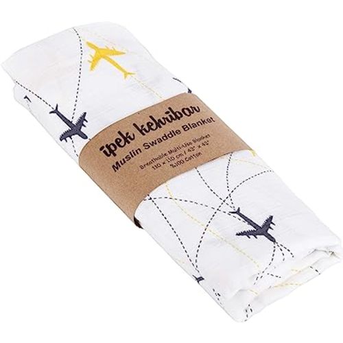 Muslin Baby Swaddle Blanket – 100% Cotton, Ultra Soft & Breathable, Airplane Print, Large 43x43 in, Receiving Blanket for Newborn Boys and Girls, Nursery Essential, 1-Pack