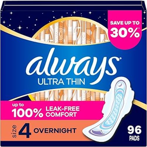 Always Ultra Thin Overnight Pads with Wings, Size 4, Overnight, 96 Count (3 Packs of 32)