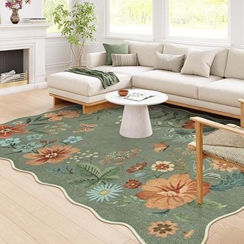 Lahome Floral Washable Rugs 8x10, Non-Slip Soft Bedroom Rugs Stain Resistant, Ultra-Thin 8x10 Rugs for Living Room Easy Clean Boho Green Rug Accent Carpet for Dining Room Office(8x10ft,Green)